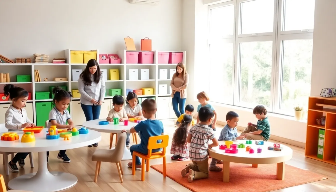 diverse children engaging in activities in a modern preschool classroom.