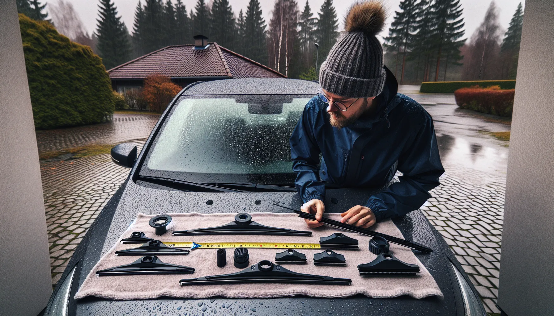 Person comparing wiper blades and adapters on a rainy car hood in norway.