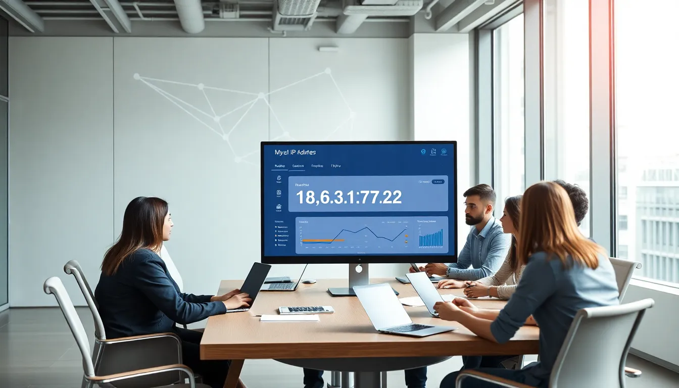 diverse team discussing IP addresses in a modern office.