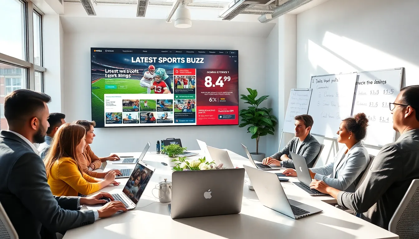 diverse team discussing sports in a modern office setting.