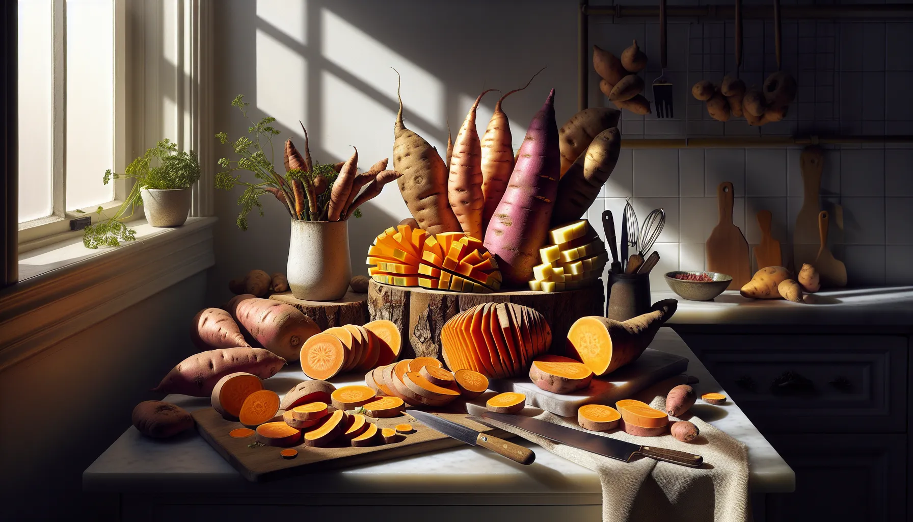 A display of yams and sweet potatoes on a kitchen countertop.