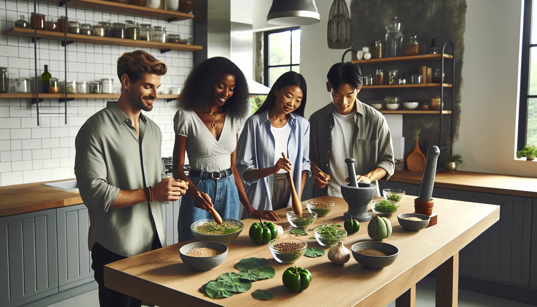diverse group preparing herbal remedy in a modern kitchen.
