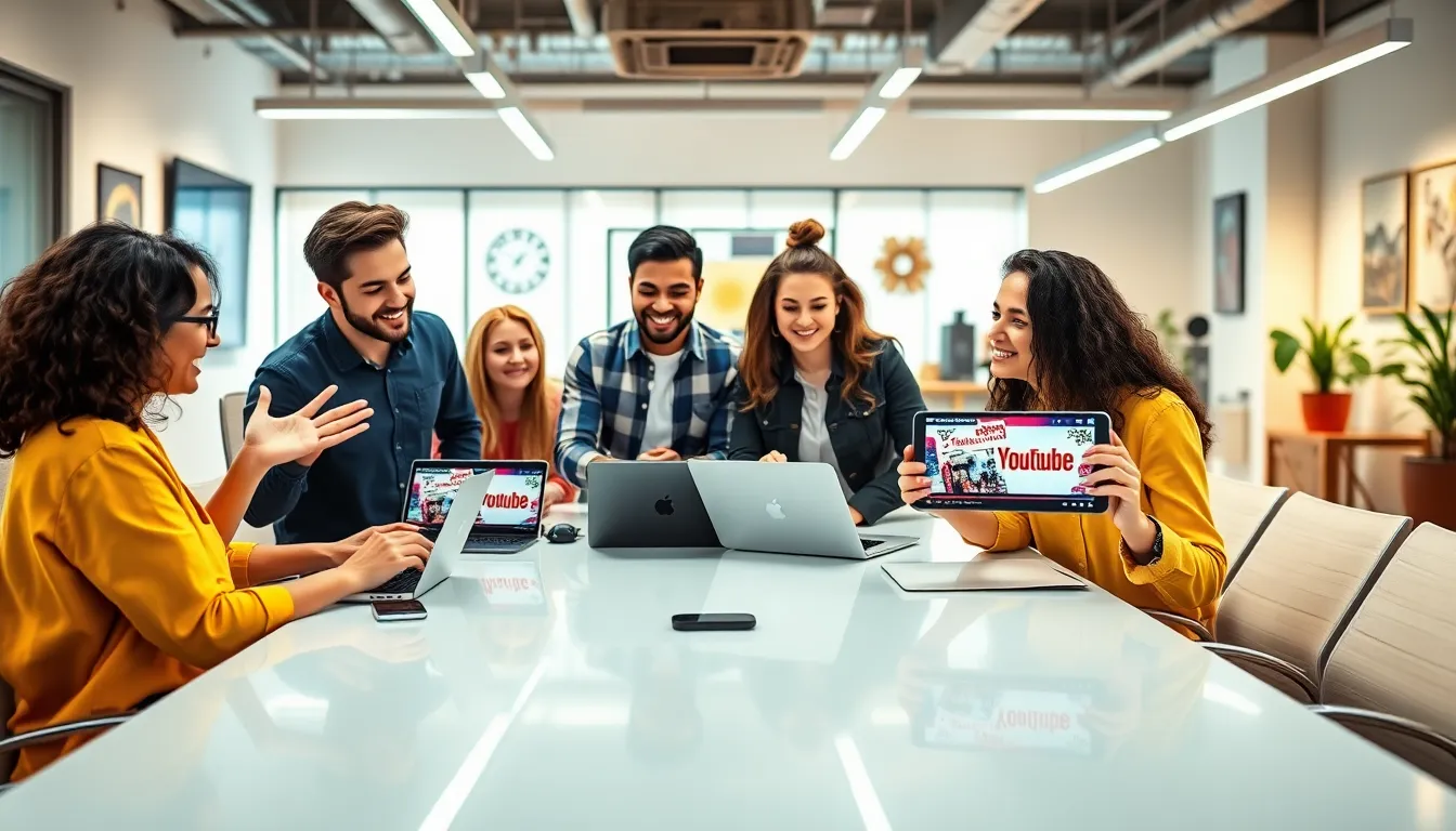 diverse team brainstorming YouTube content in a modern office.