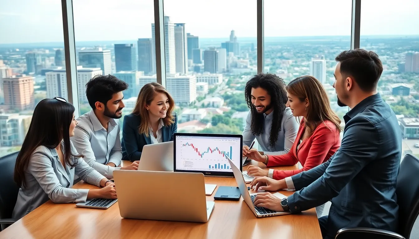 diverse team analyzing Austin real estate trends in a modern office.