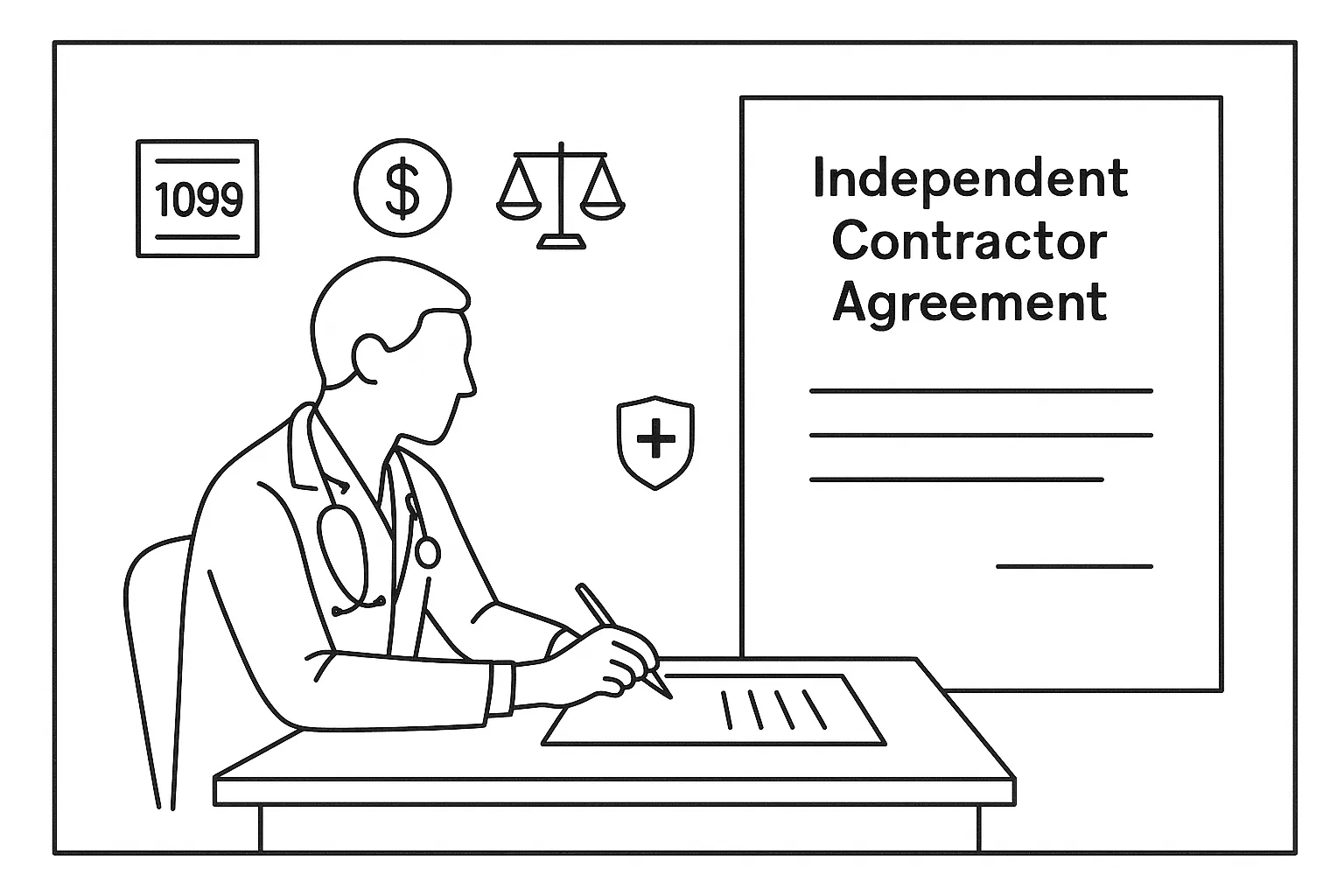 Physician assistant signing an independent contractor agreement with tax and legal icons of Physician Assistant Independent Contractor Agreements.
