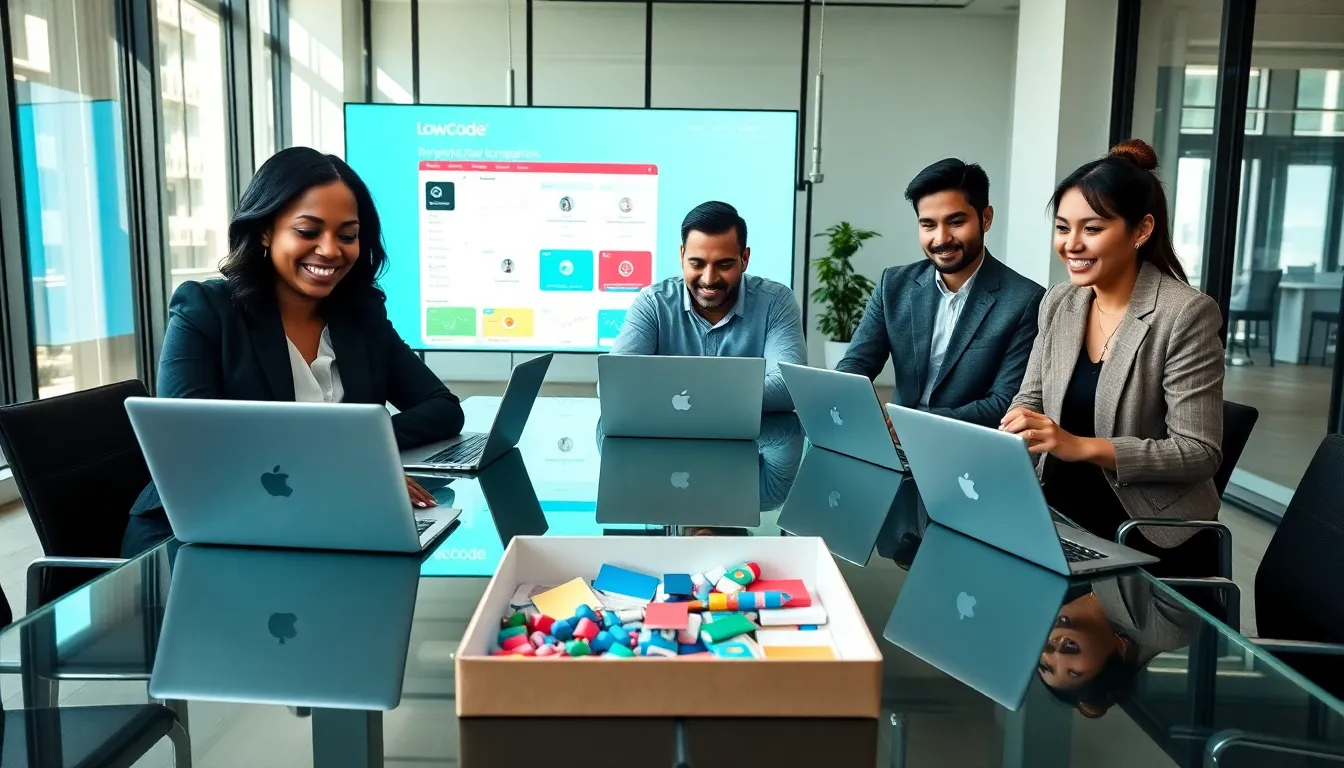 diverse team collaborating on low code development tools in a modern office.