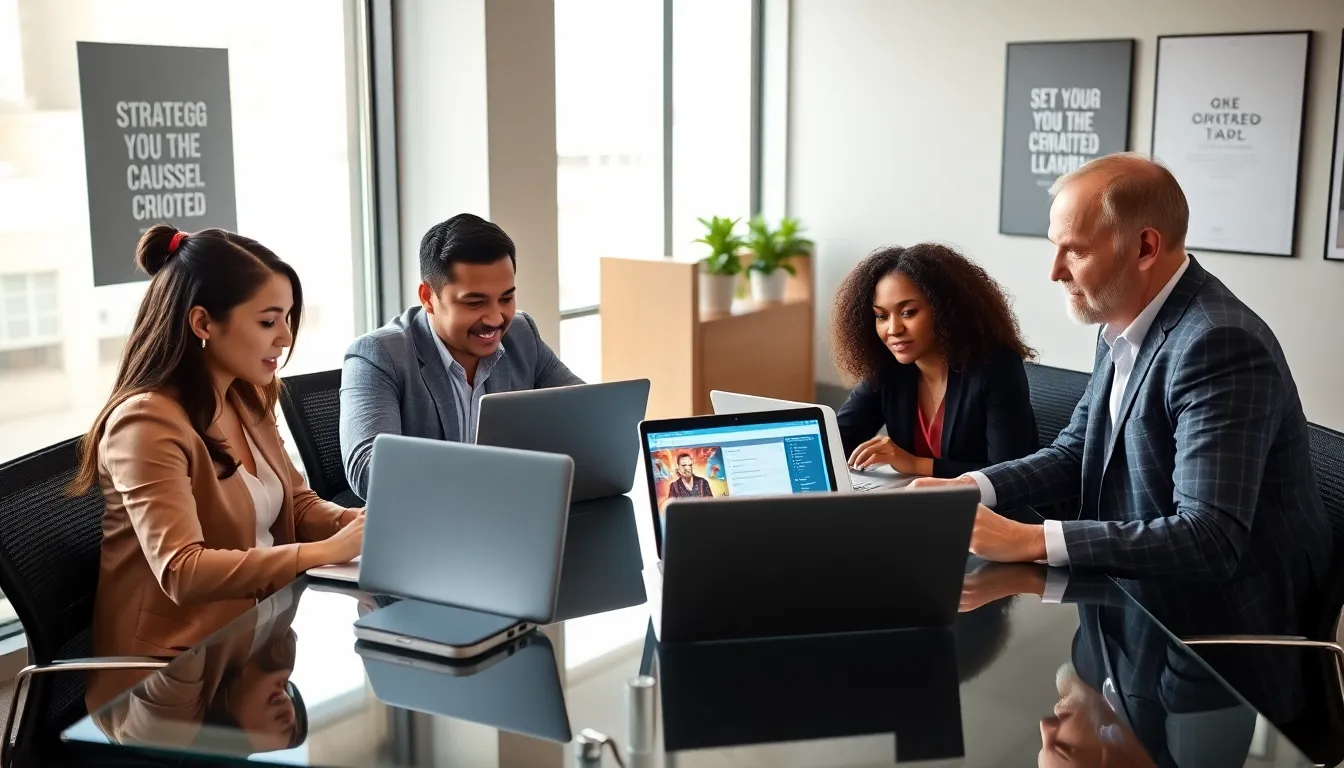 diverse team strategizing around laptops in a modern office.