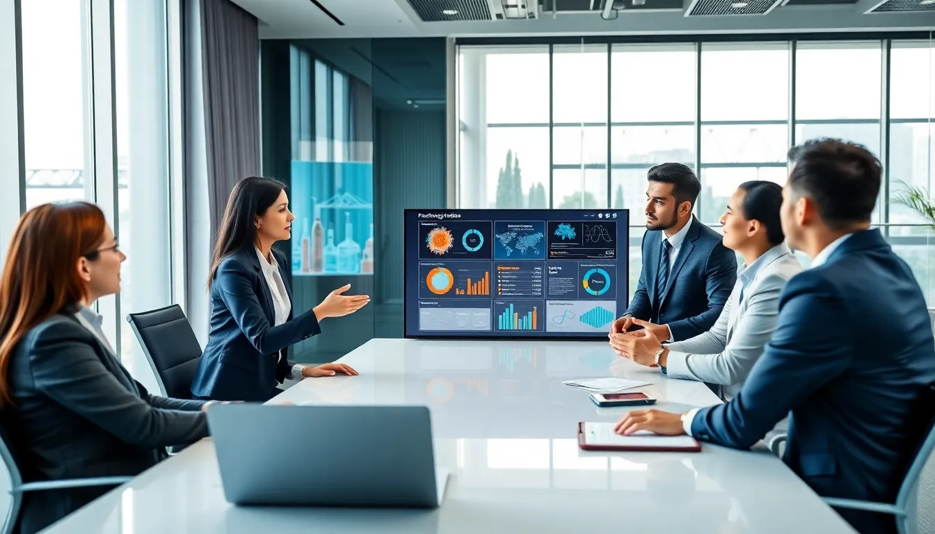 diverse professionals discussing biotech innovations in a modern office.