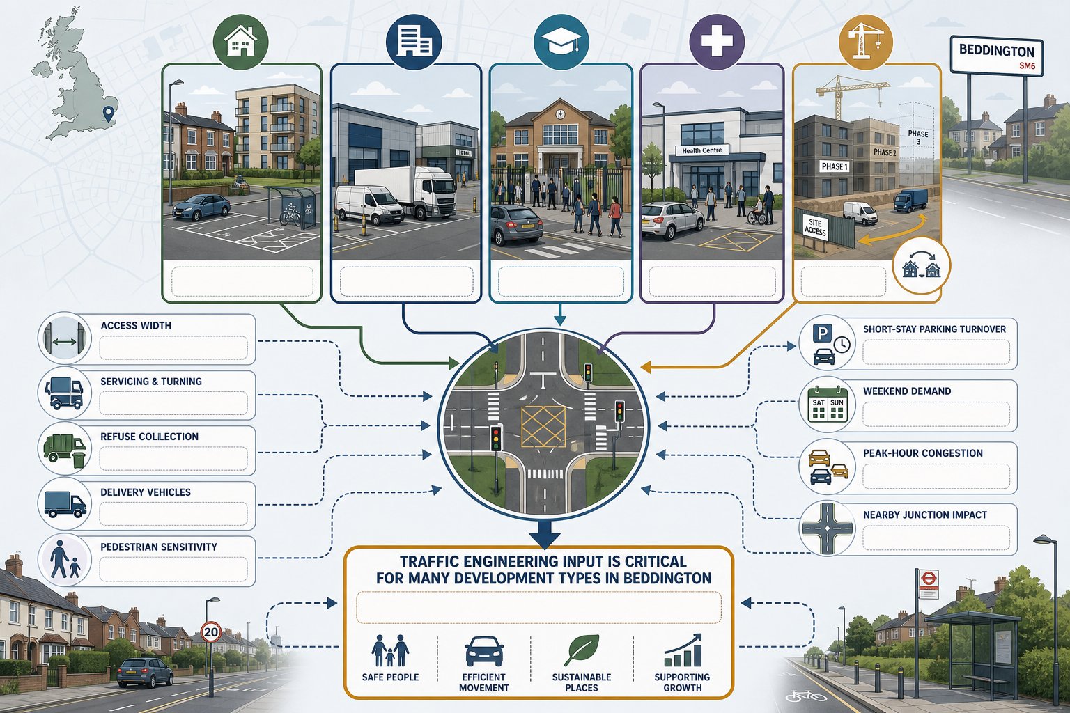 Infographic showing development types in Beddington needing traffic engineering input.