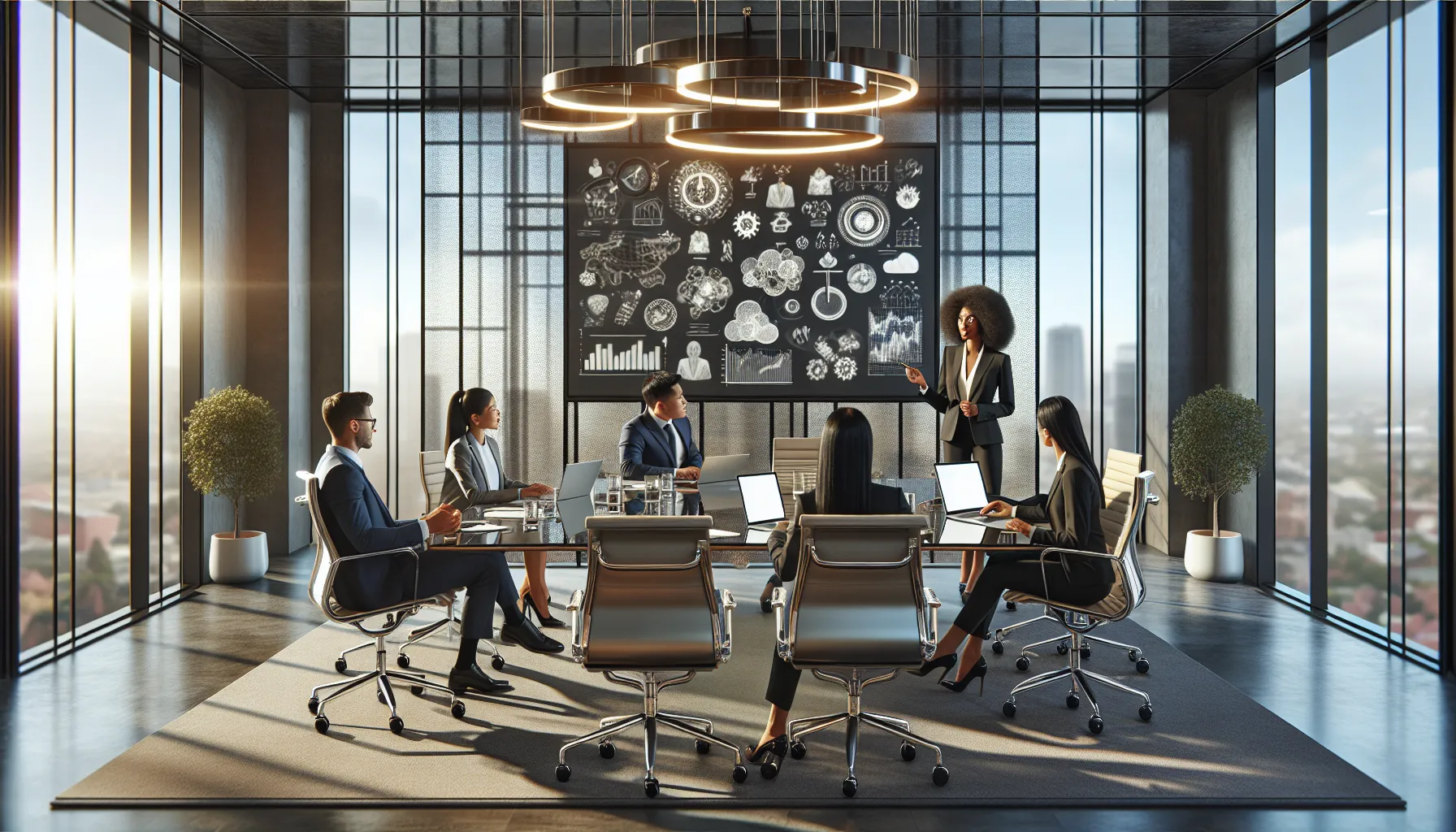 diverse team collaborating on innovative ideas in a modern conference room.