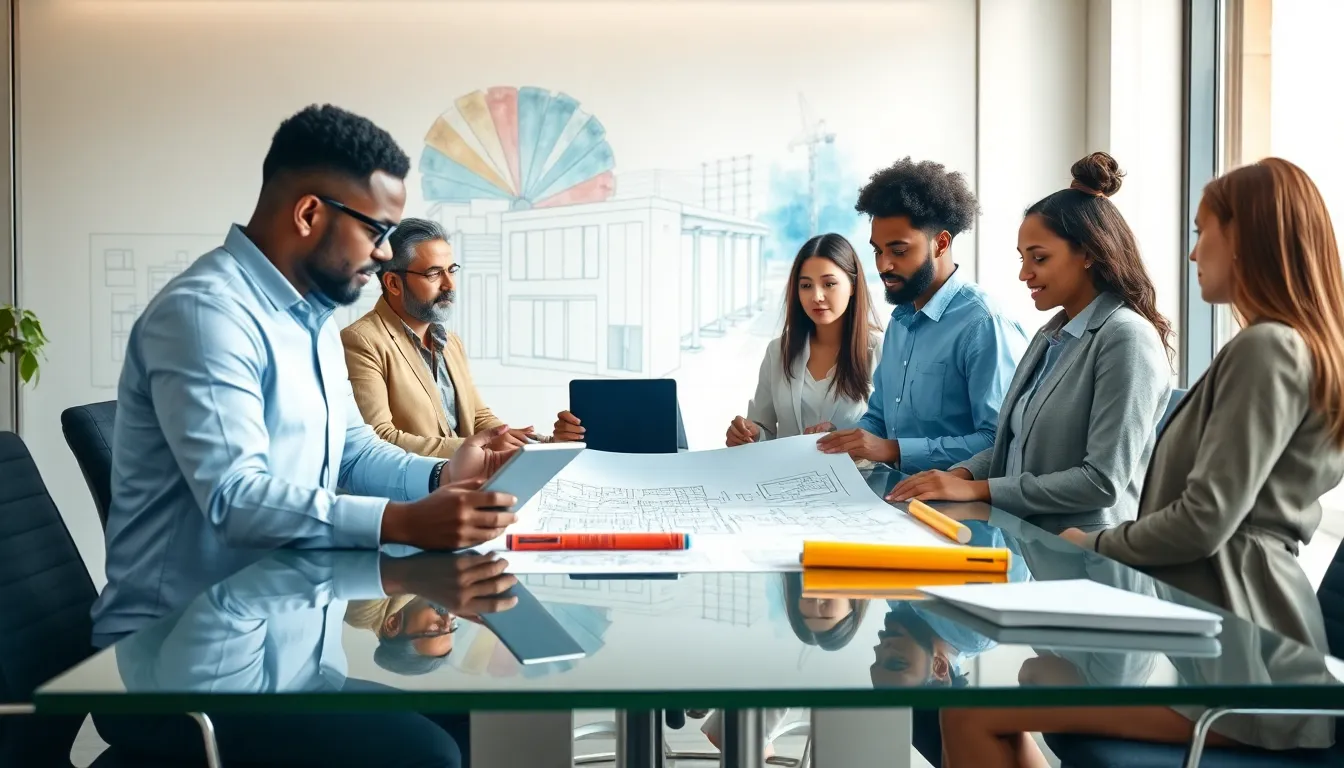diverse team of contractors collaborating over blueprints in a modern office.