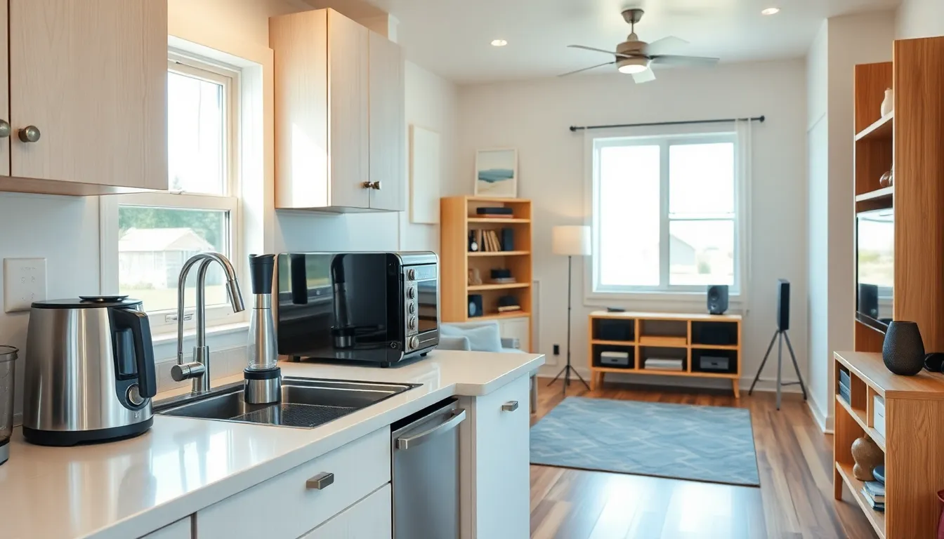 modern tiny home kitchen with space-saving appliances and cozy living area.