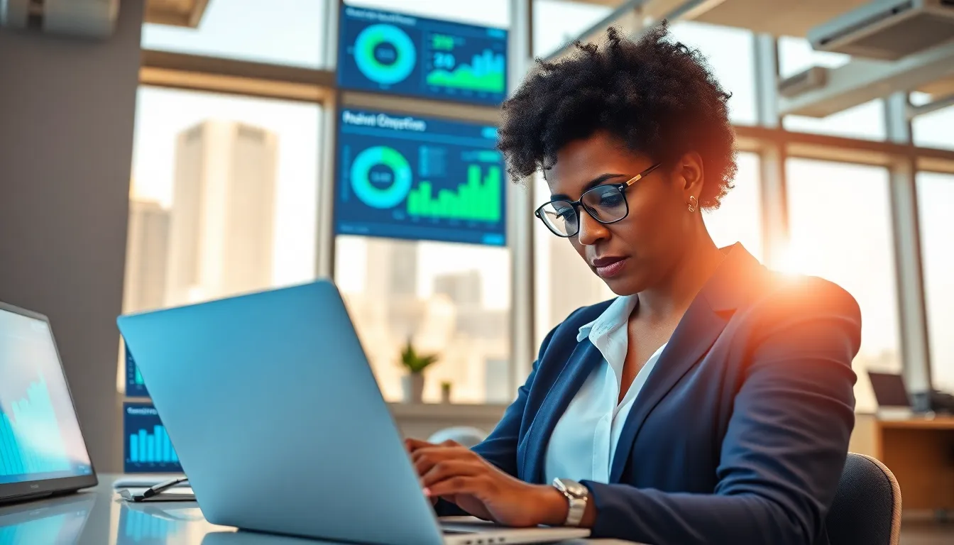 Naomi Bennett analyzing energy data in a modern office.