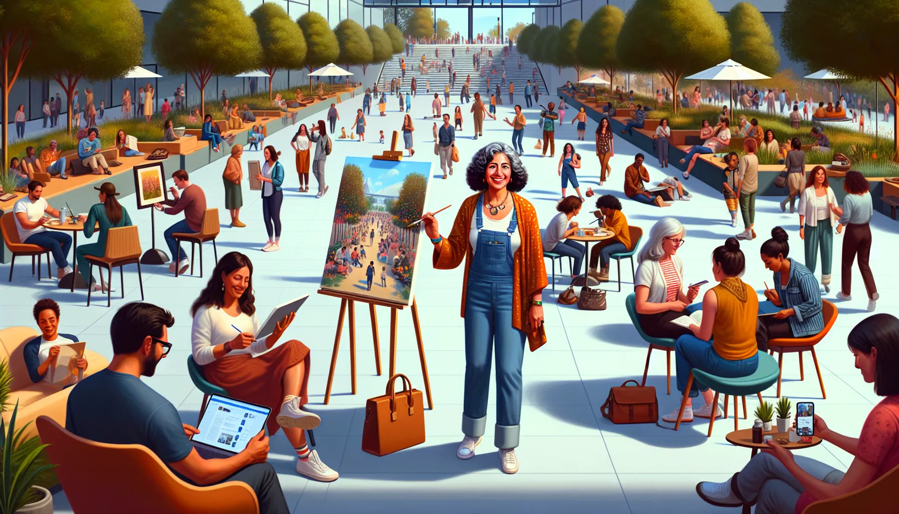 diverse community members engaging in art and discussions.