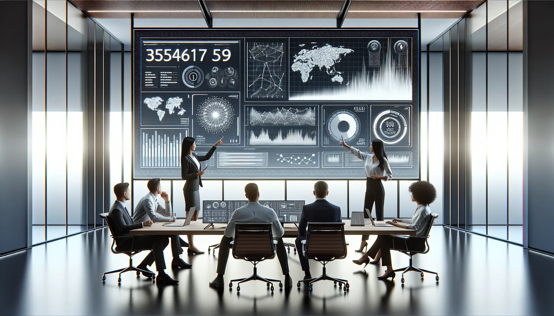 diverse team analyzing data in a modern office.