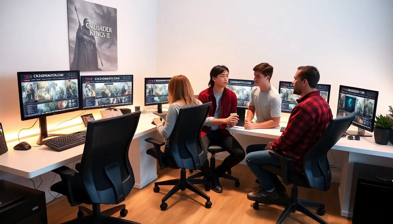 diverse group discussing mods at a modern gaming workspace.