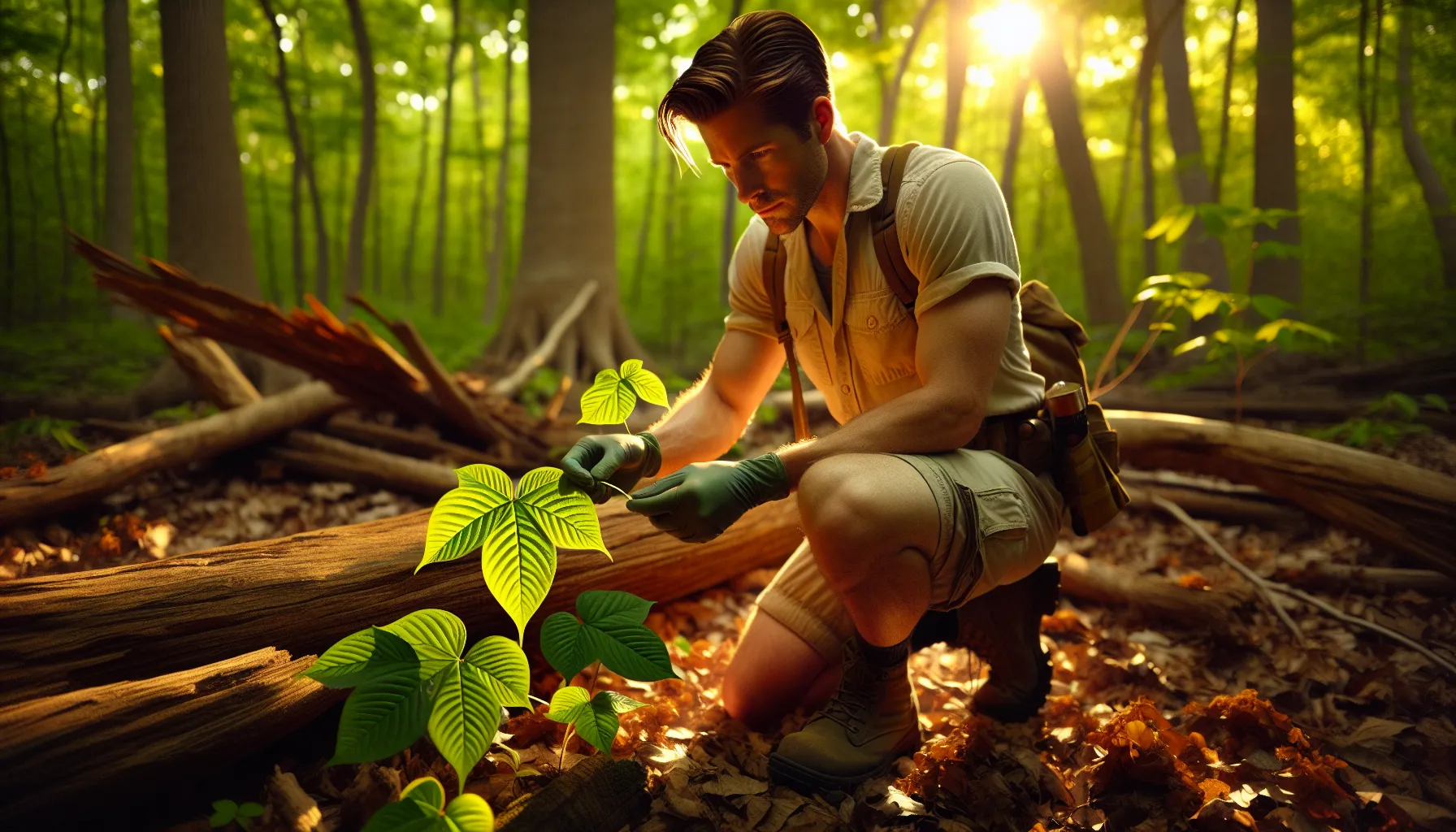 A person examining a poison ivy leaf in a sunlit forest.