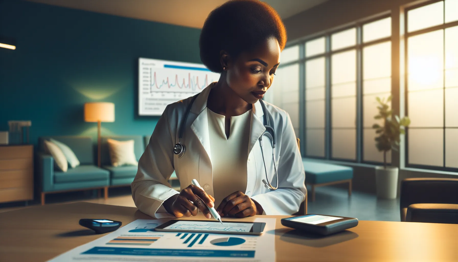 A healthcare professional reviewing A1C test results in a clinic.