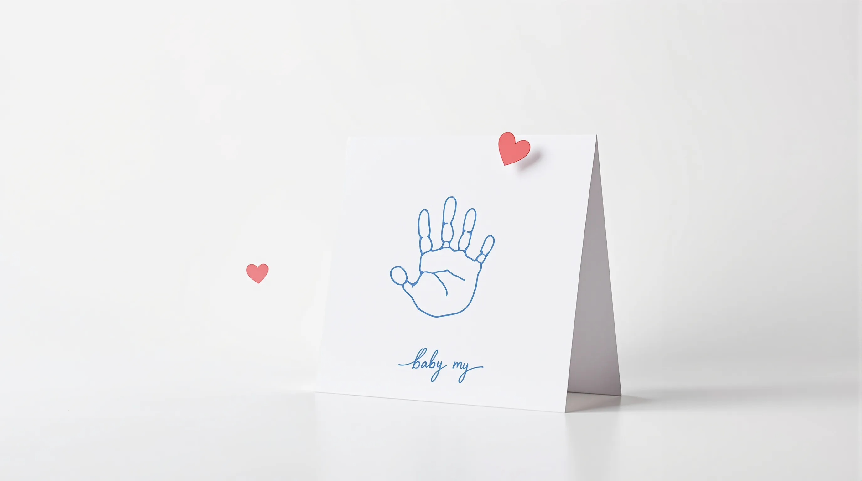 a minimal greeting card with a baby handprint and a small heart