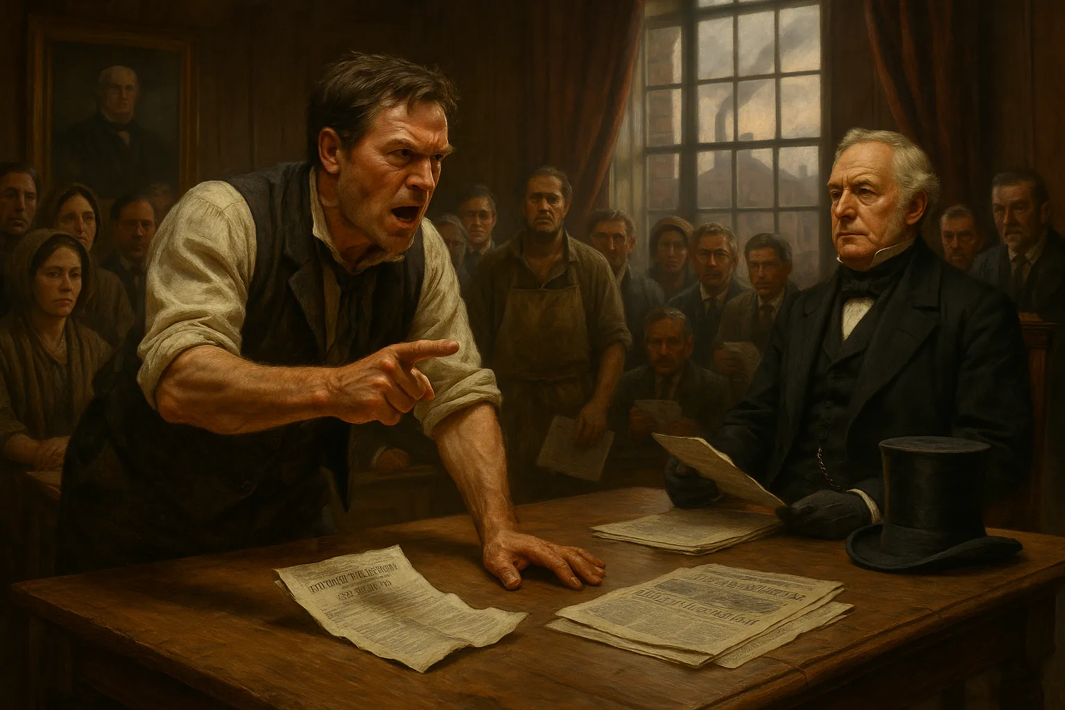 Arthur Turner accusing Lord Derby at a tense 19th‑century town meeting.
