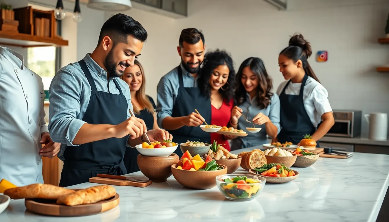 diverse chefs collaborating on trendy food presentations in a modern kitchen.