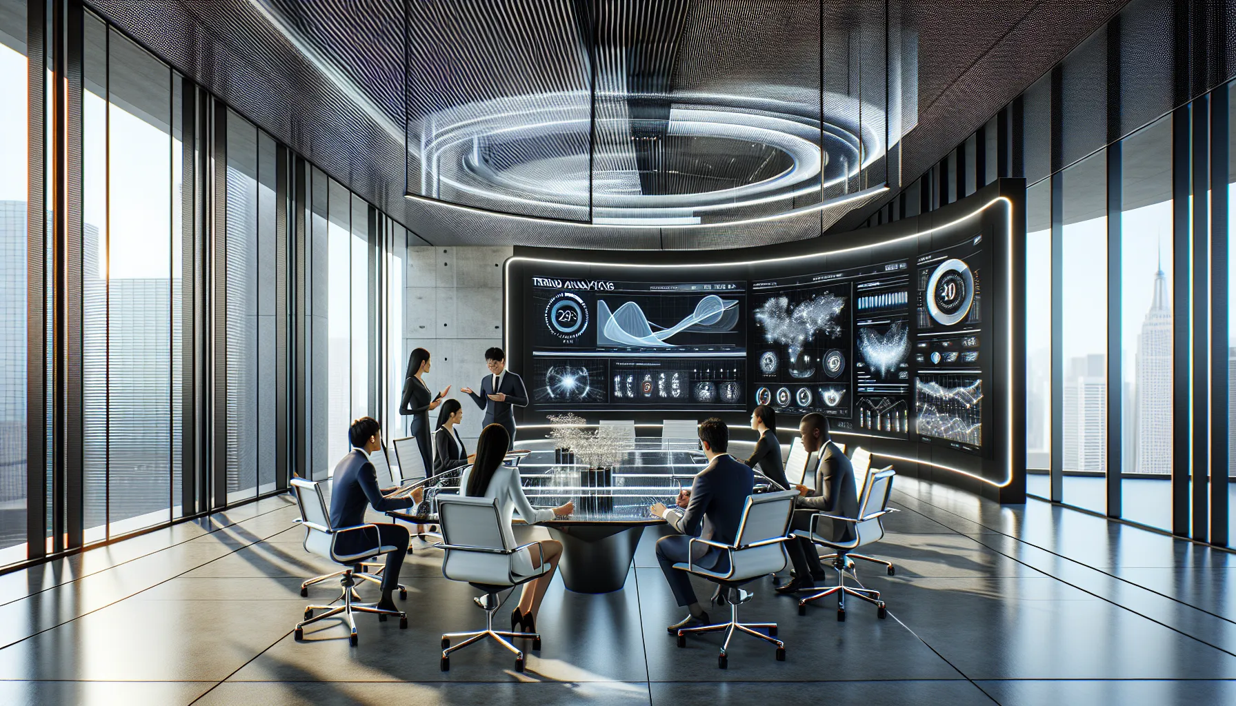 Professionals collaborating in a modern office discussing data analytics.