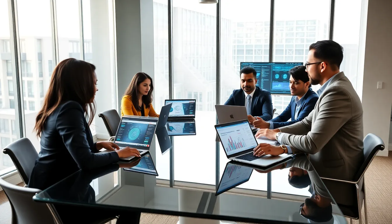 diverse team discussing fintech marketing strategies in a modern office.