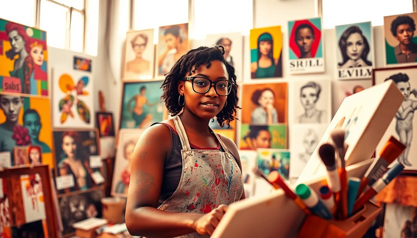 A Black female artist painting in a colorful art studio.