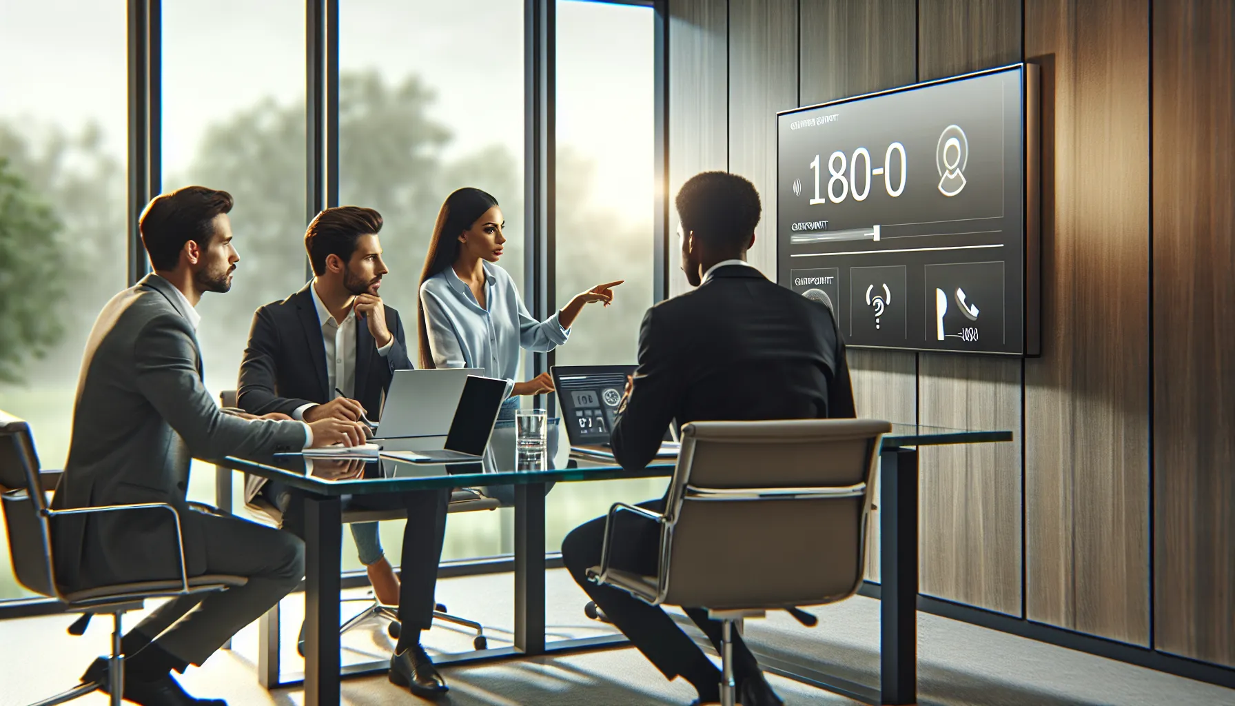professionals discussing telecommunications in a modern office.