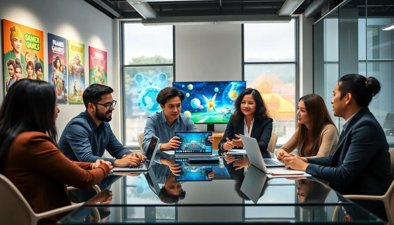 diverse team brainstorming in a modern office about gaming innovations.