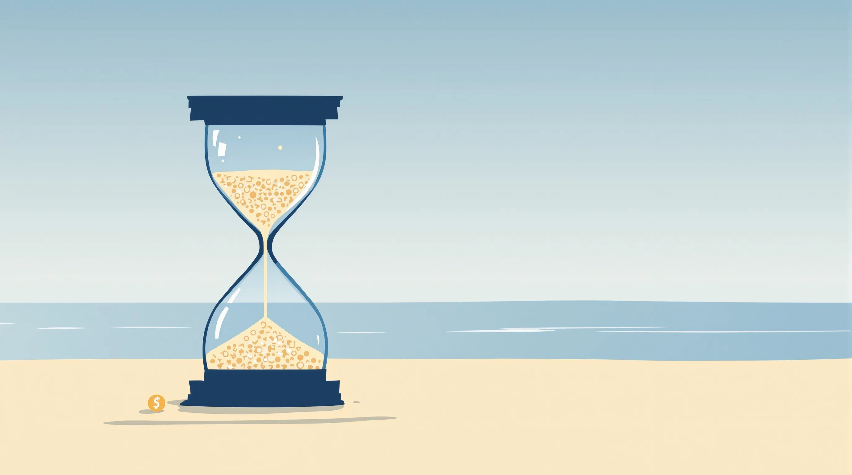 Minimalist hourglass and coin silhouette by the sea horizon, symbolizing time and money.
