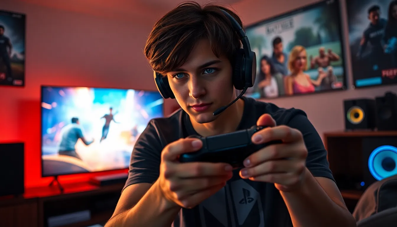 A gamer using a PlayStation controller in a vibrant gaming room.