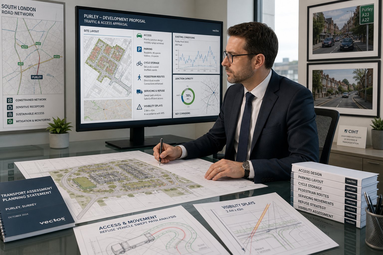 Traffic engineer reviewing development transport plans in a modern UK office.