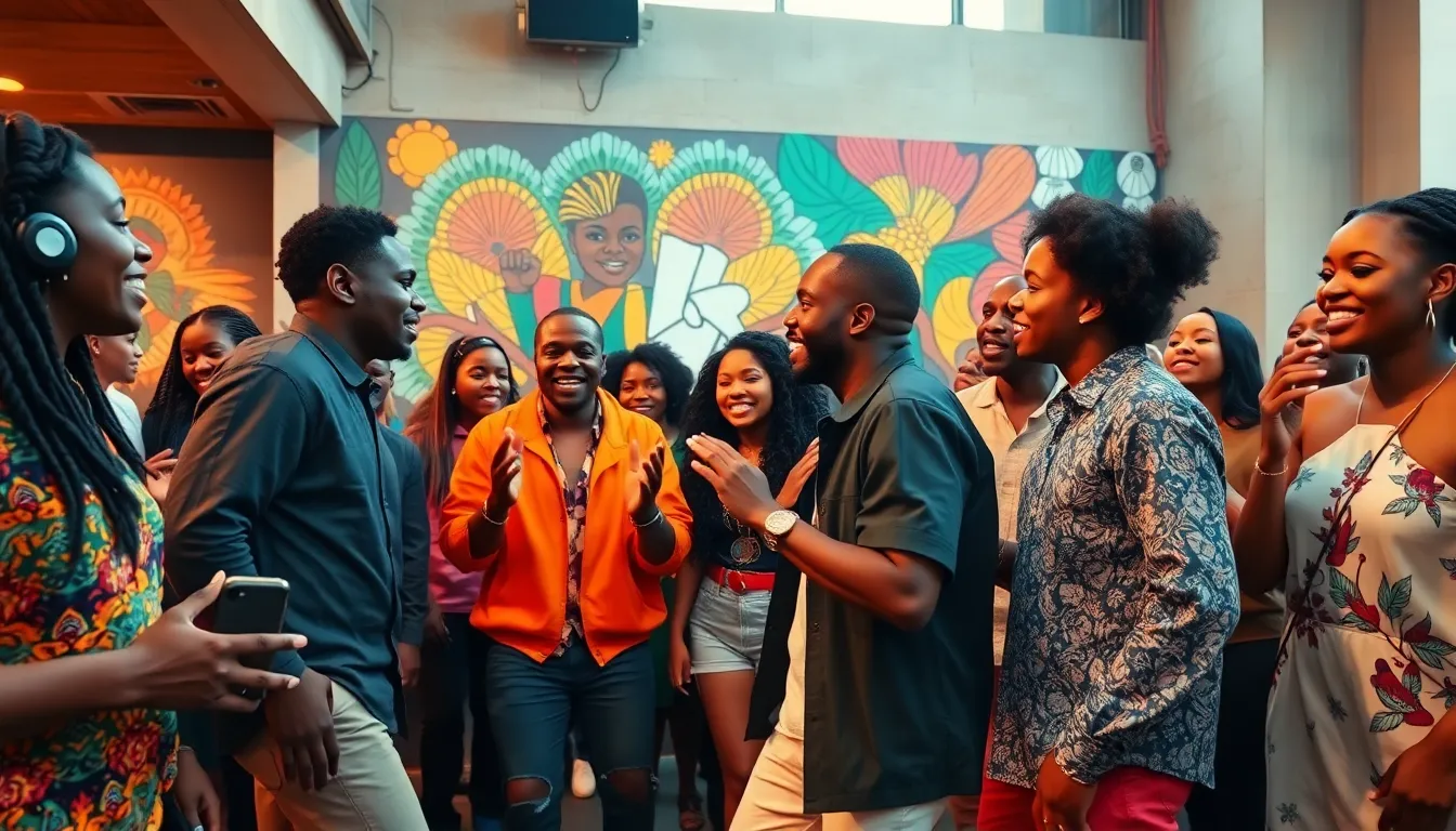 diverse group dancing to Val9jaMusic in a vibrant urban setting.