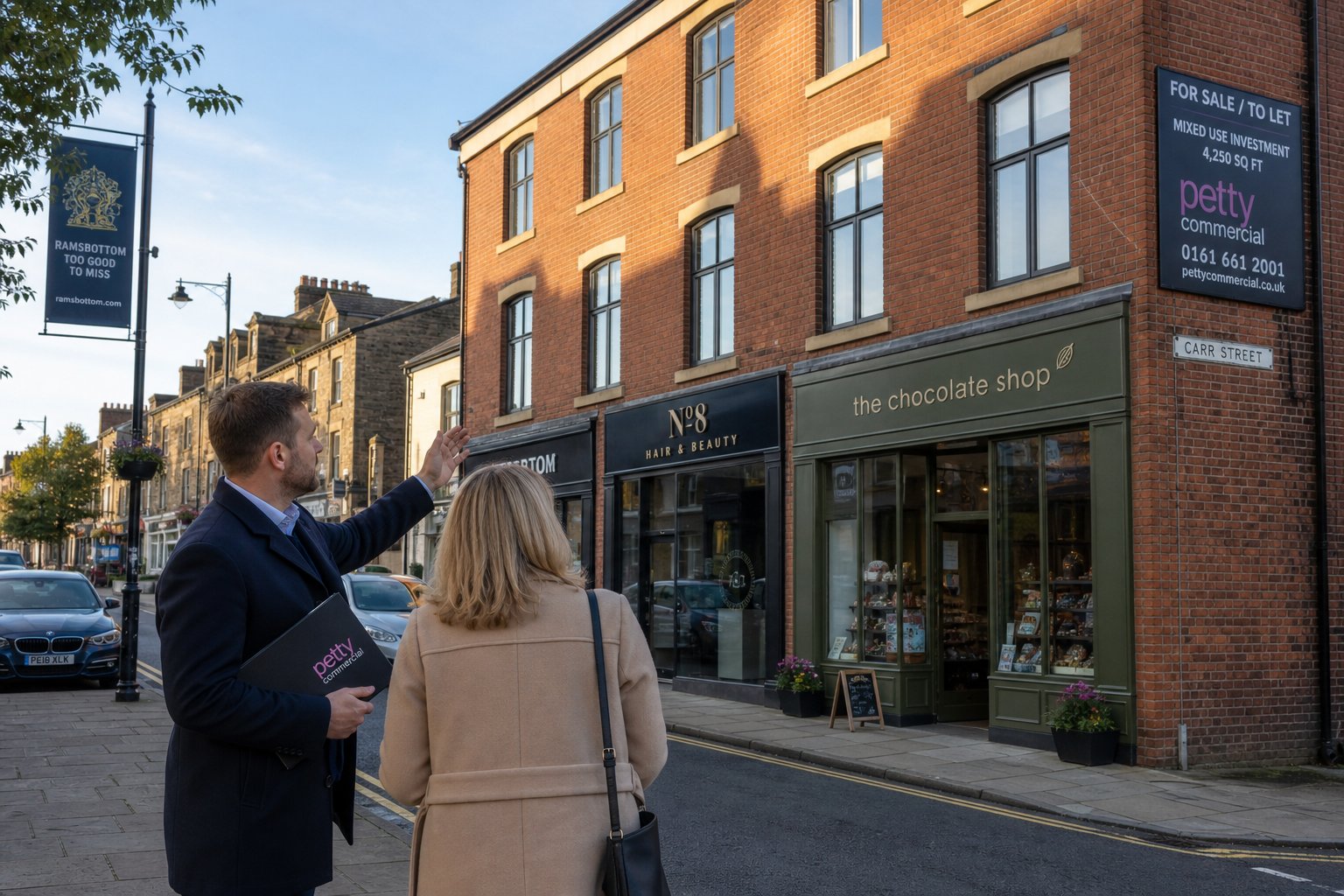 Client and property professional viewing a mixed-use commercial building on a town street in Ramsbottom.