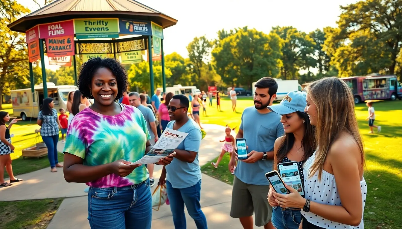 a community event in a park featuring diverse attendees and promotional banners.