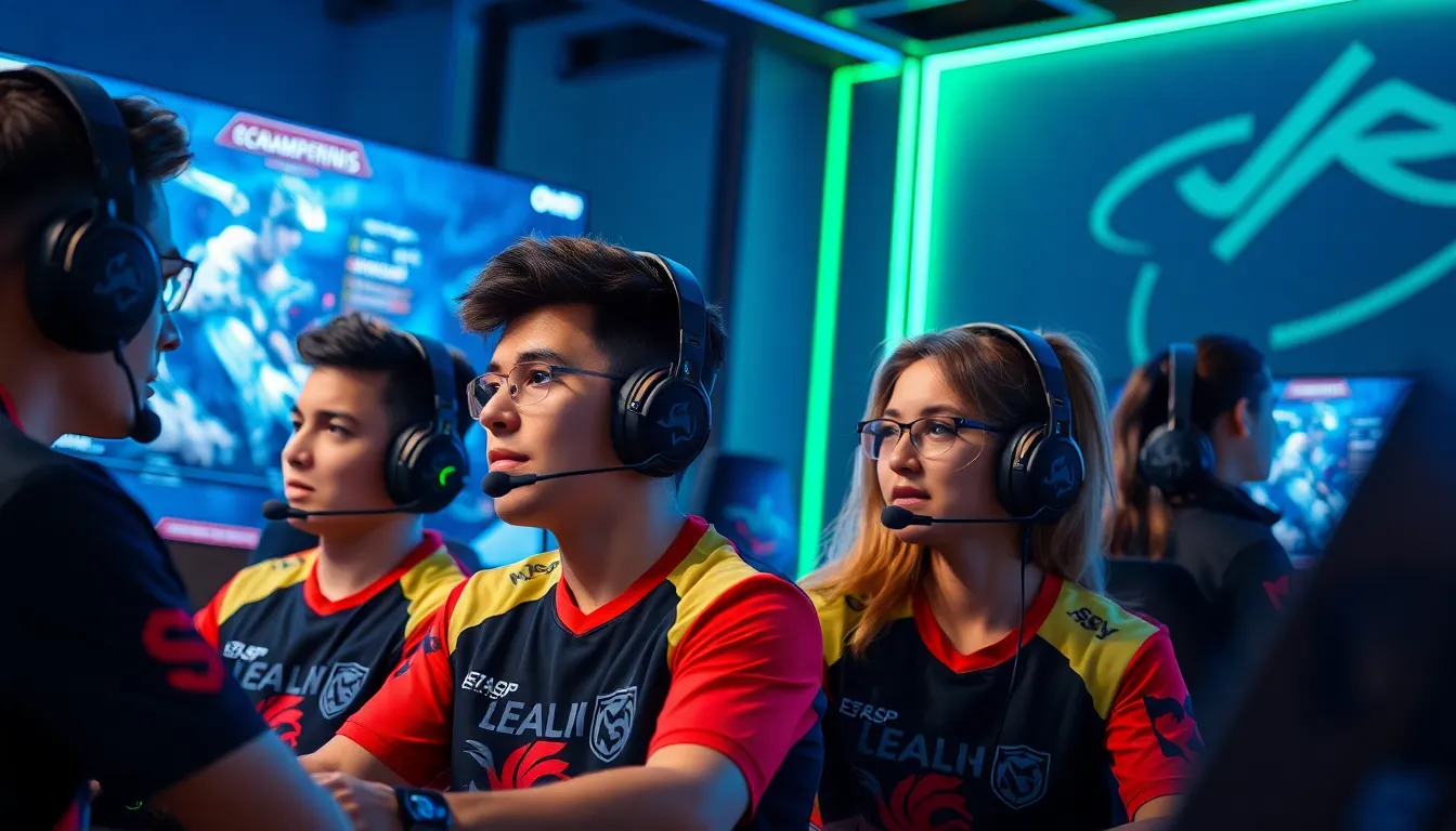 diverse gamers focused on a League of Legends match.