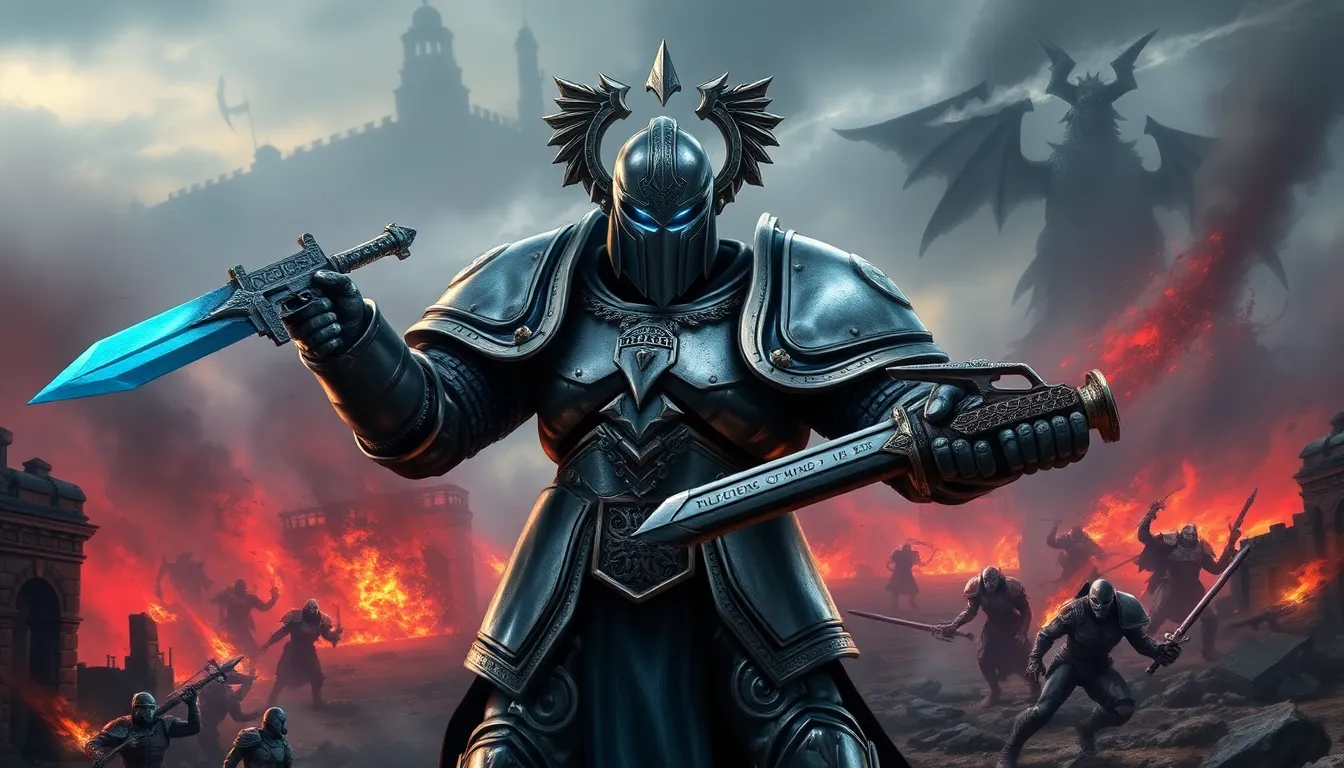 A Grey Knight warrior stands ready against demonic foes in a devastated landscape.