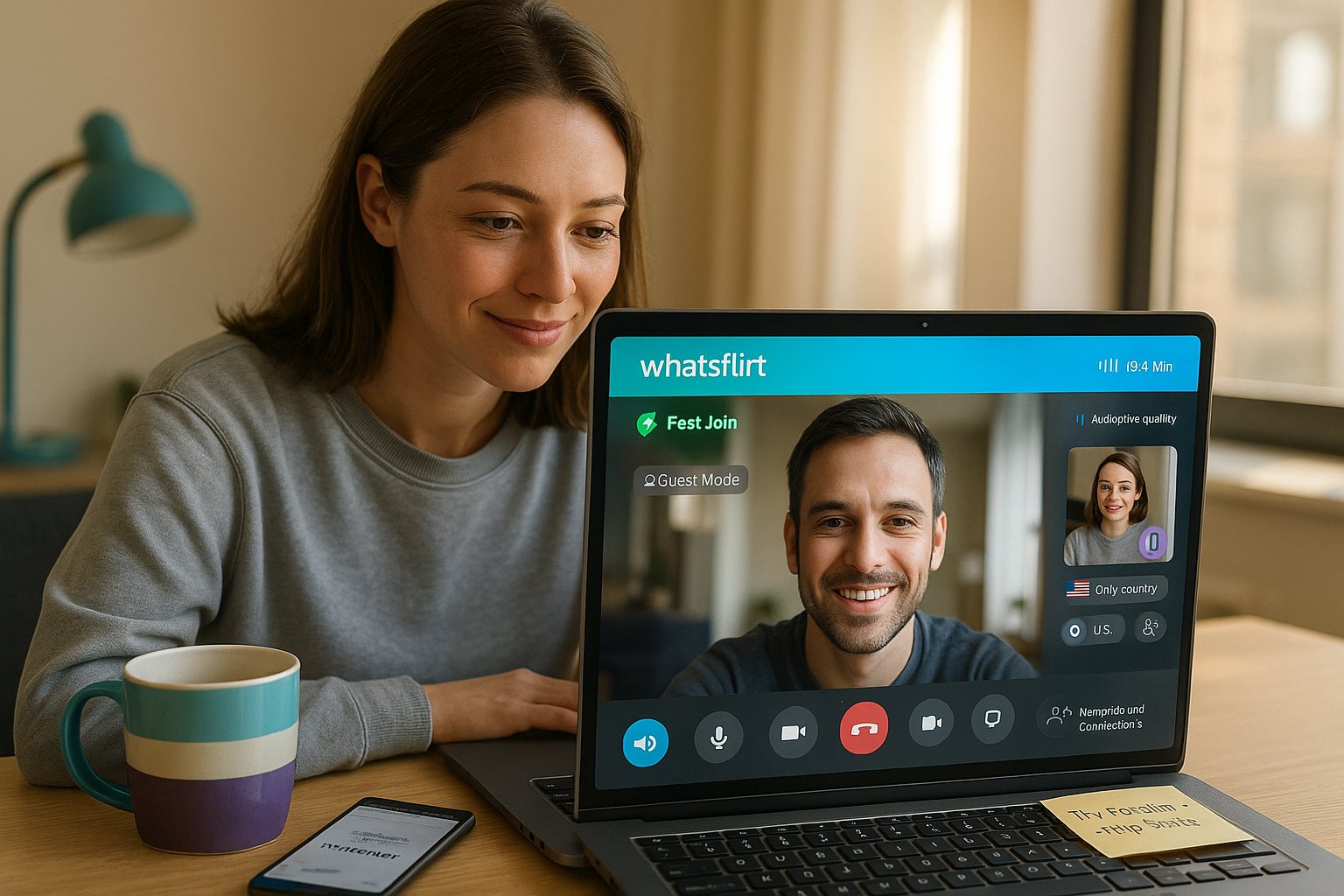 Person using laptop showing WhatsFlirt video chat UI with branded colors.