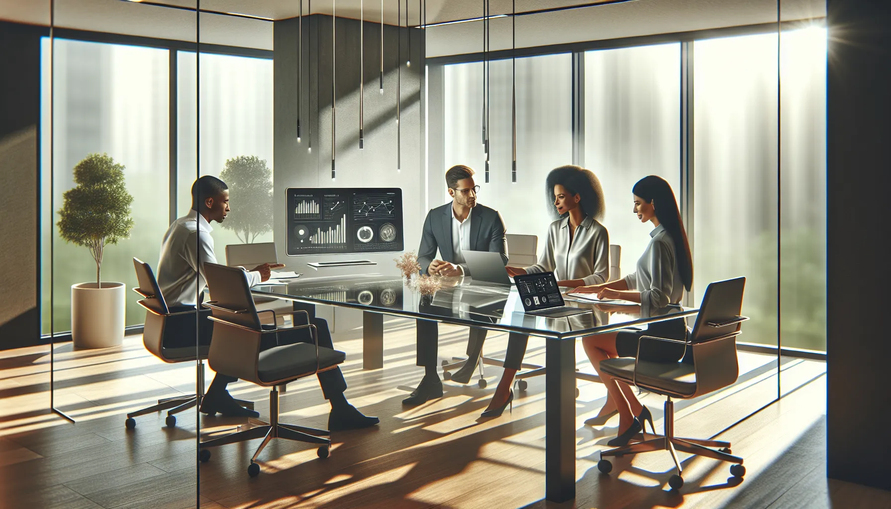 diverse team discussing larcrm7 in a modern office.