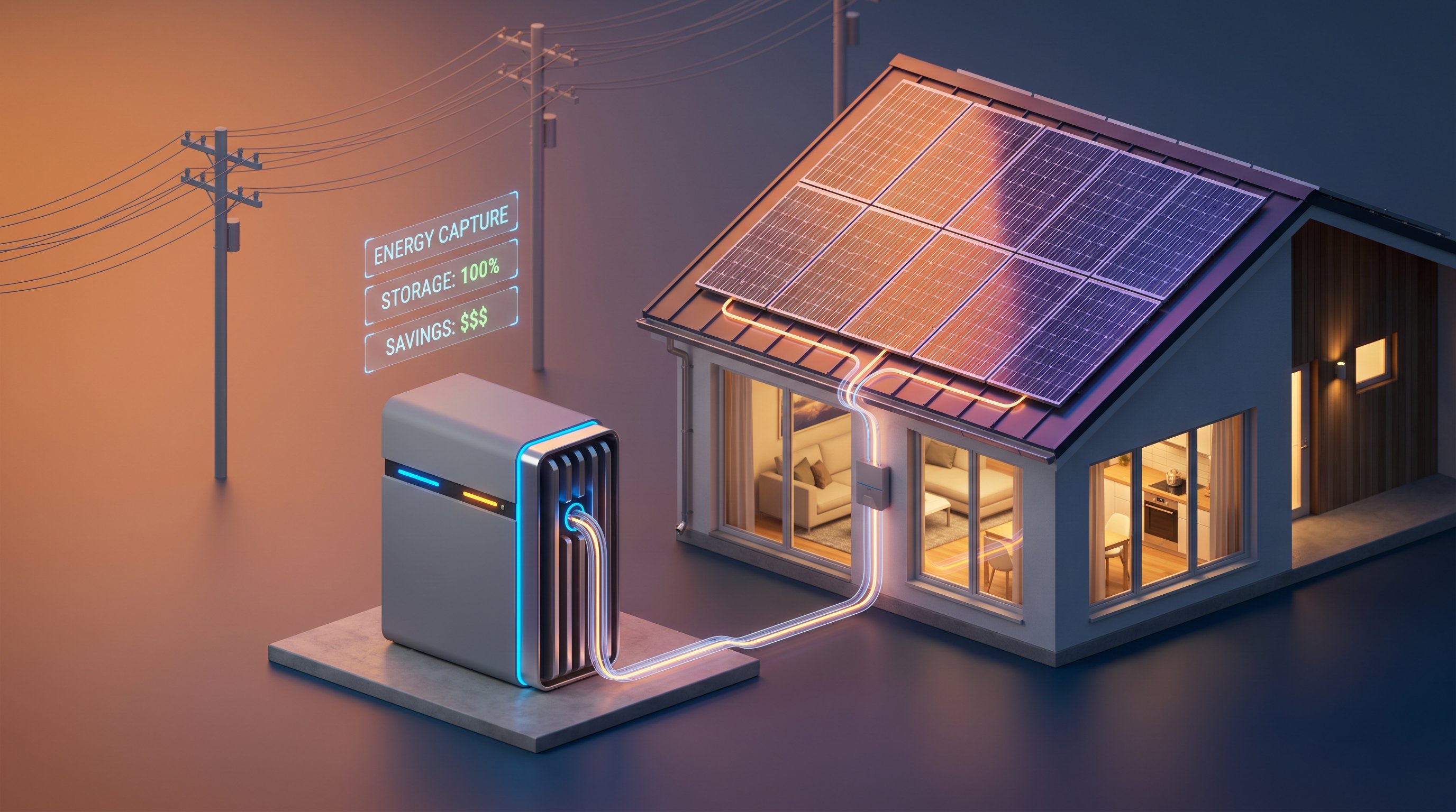 3D render of home with rooftop solar panels and battery storage system showing energy flow