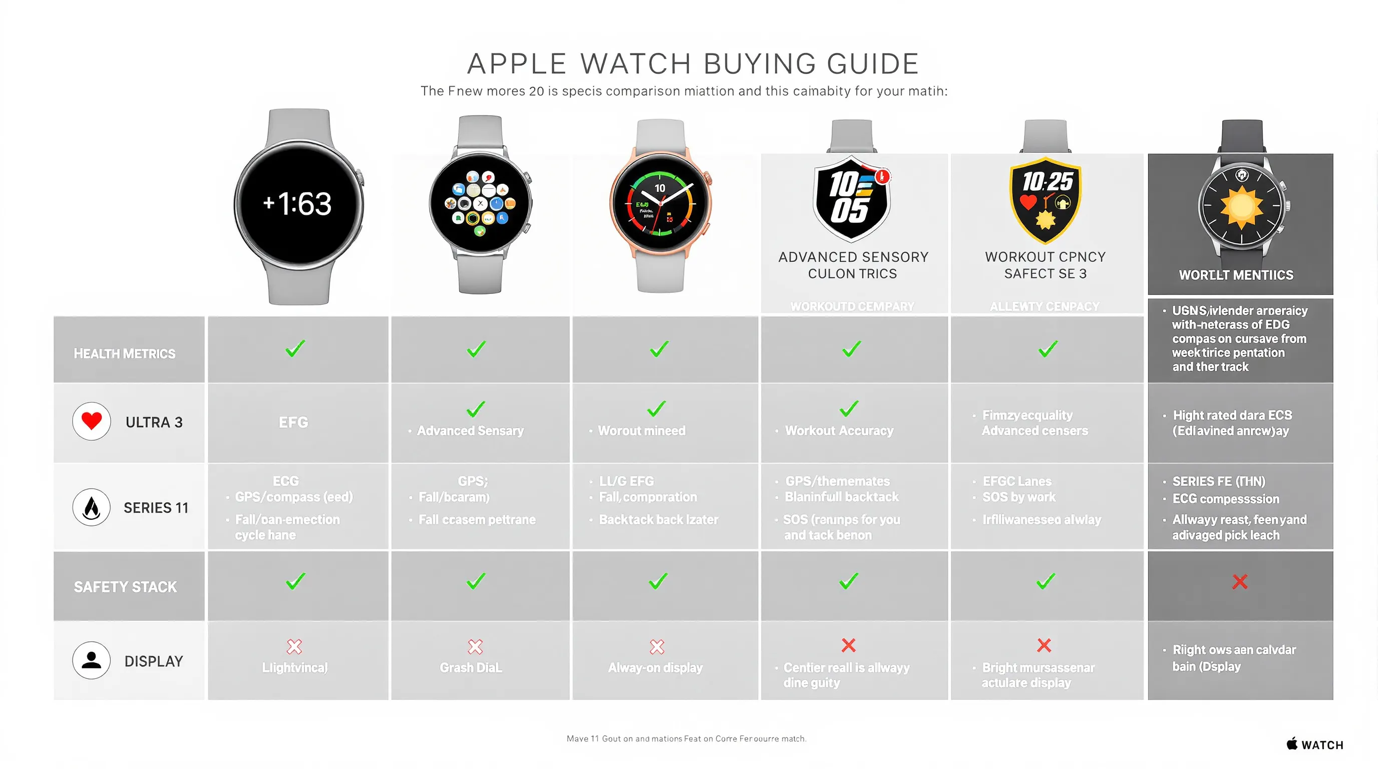 Comparison chart of Apple Watch models by health, fitness, safety, and display.