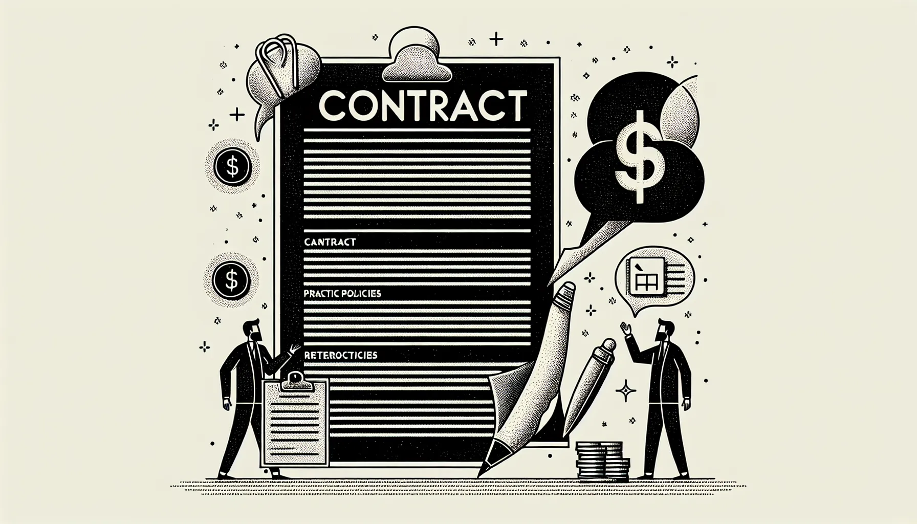 Outlined contract, manager changing policies, associate reacting, calendar and dollar icon.