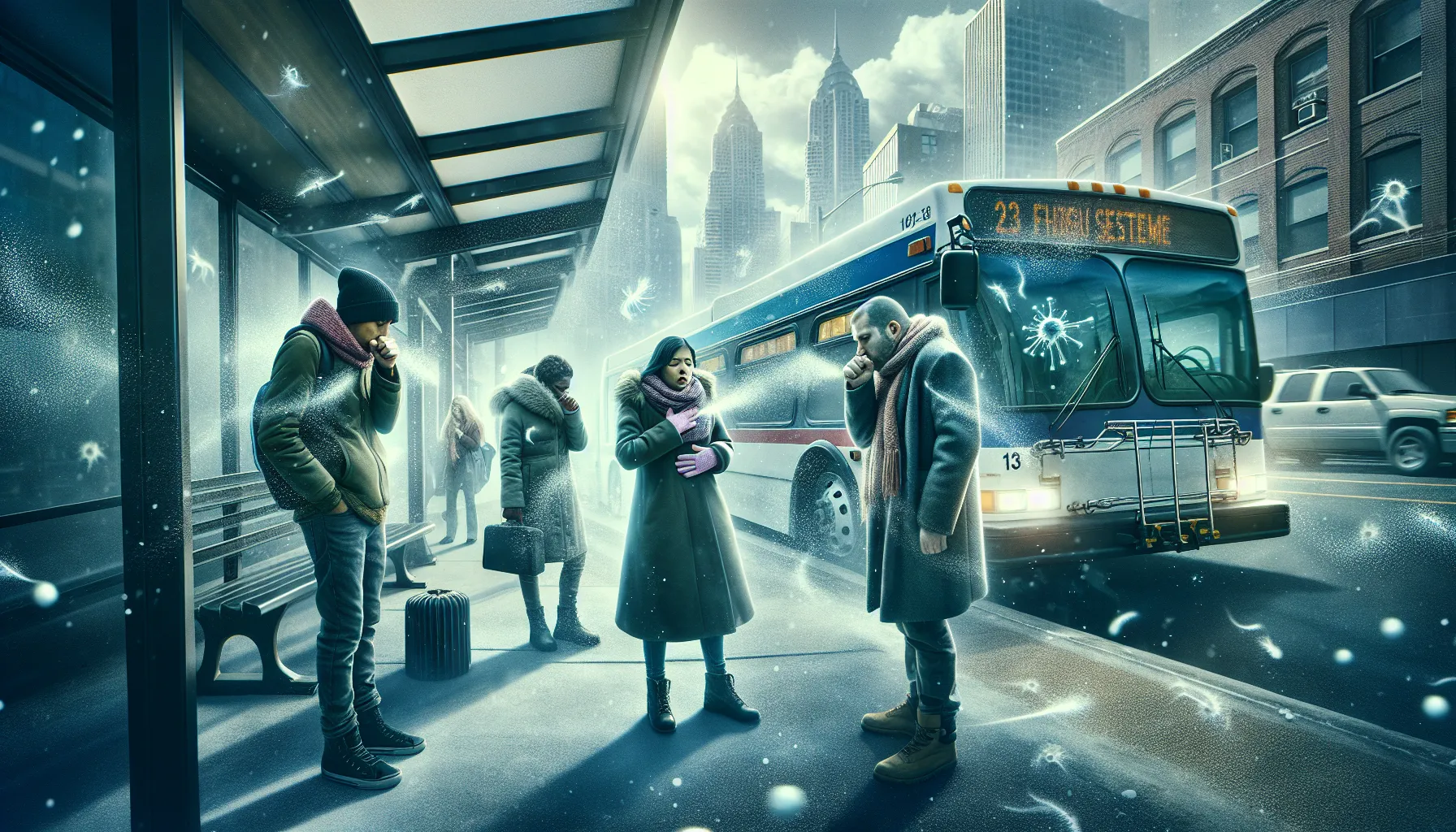 people at a crowded bus stop coughing during winter in the US.