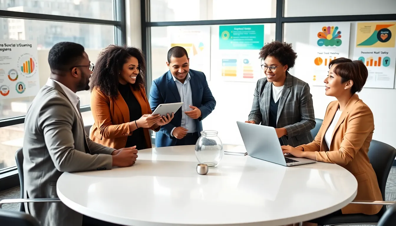 diverse professionals collaborating in a modern office setting.