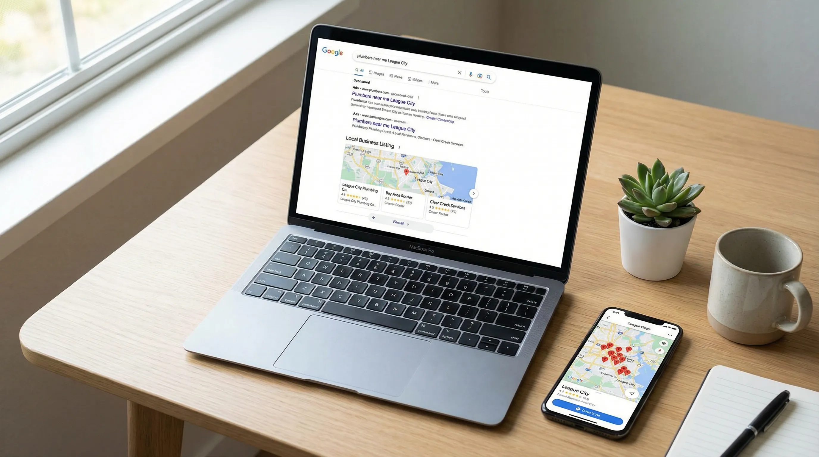 Desk with laptop showing top Google search results and local map snippet next to a smartphone map focused on businesses around League City.