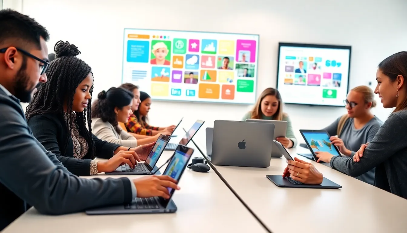 diverse students using technology in a modern classroom.