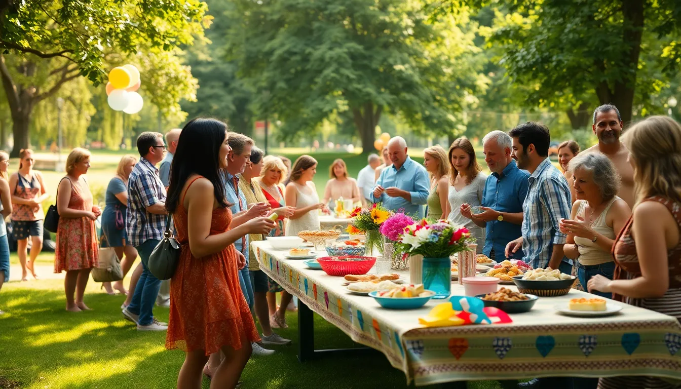 community gathering in a park celebrating thrifty events.