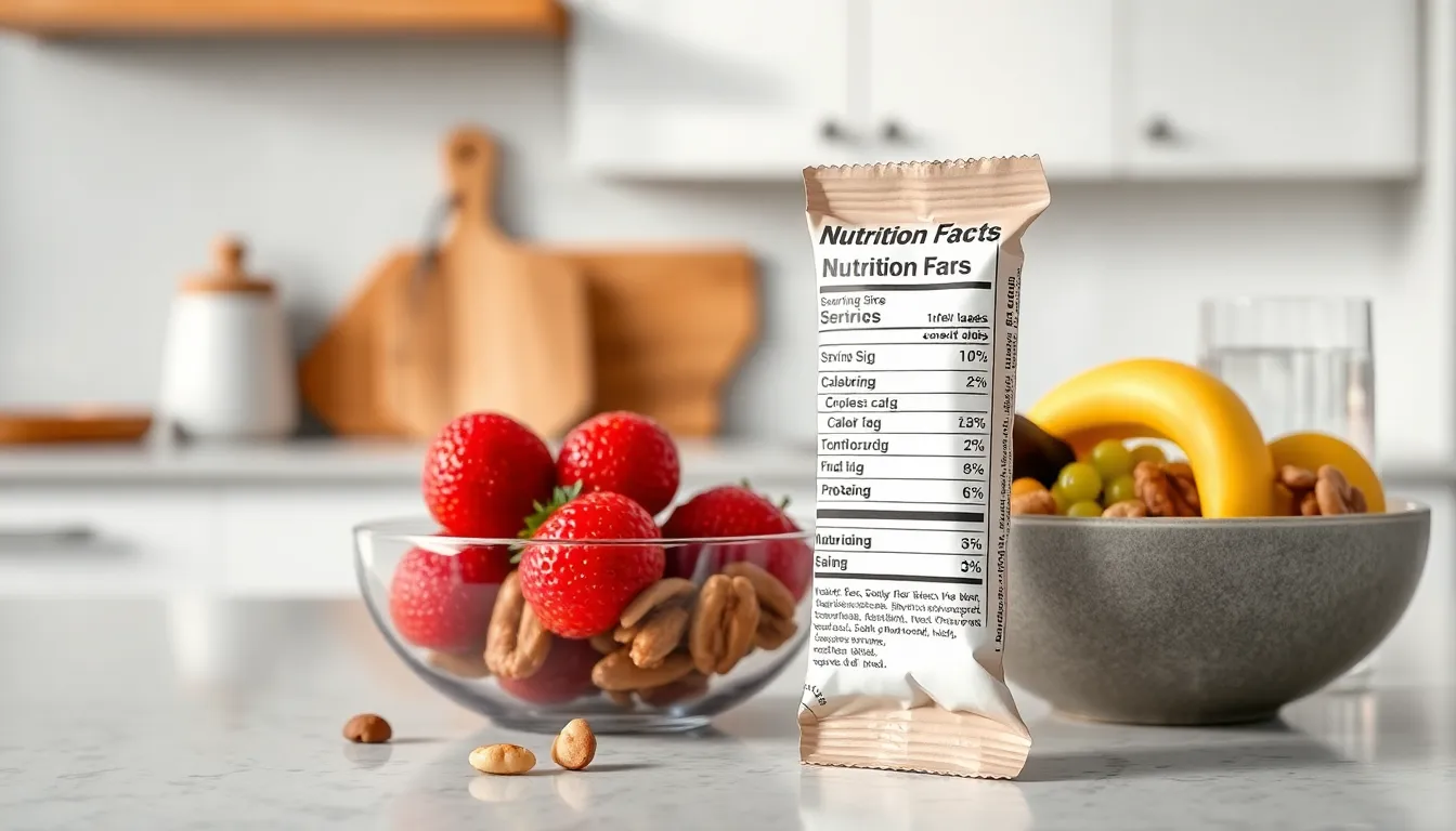 close-up of a Perfect Bar's nutrition label on a kitchen countertop.