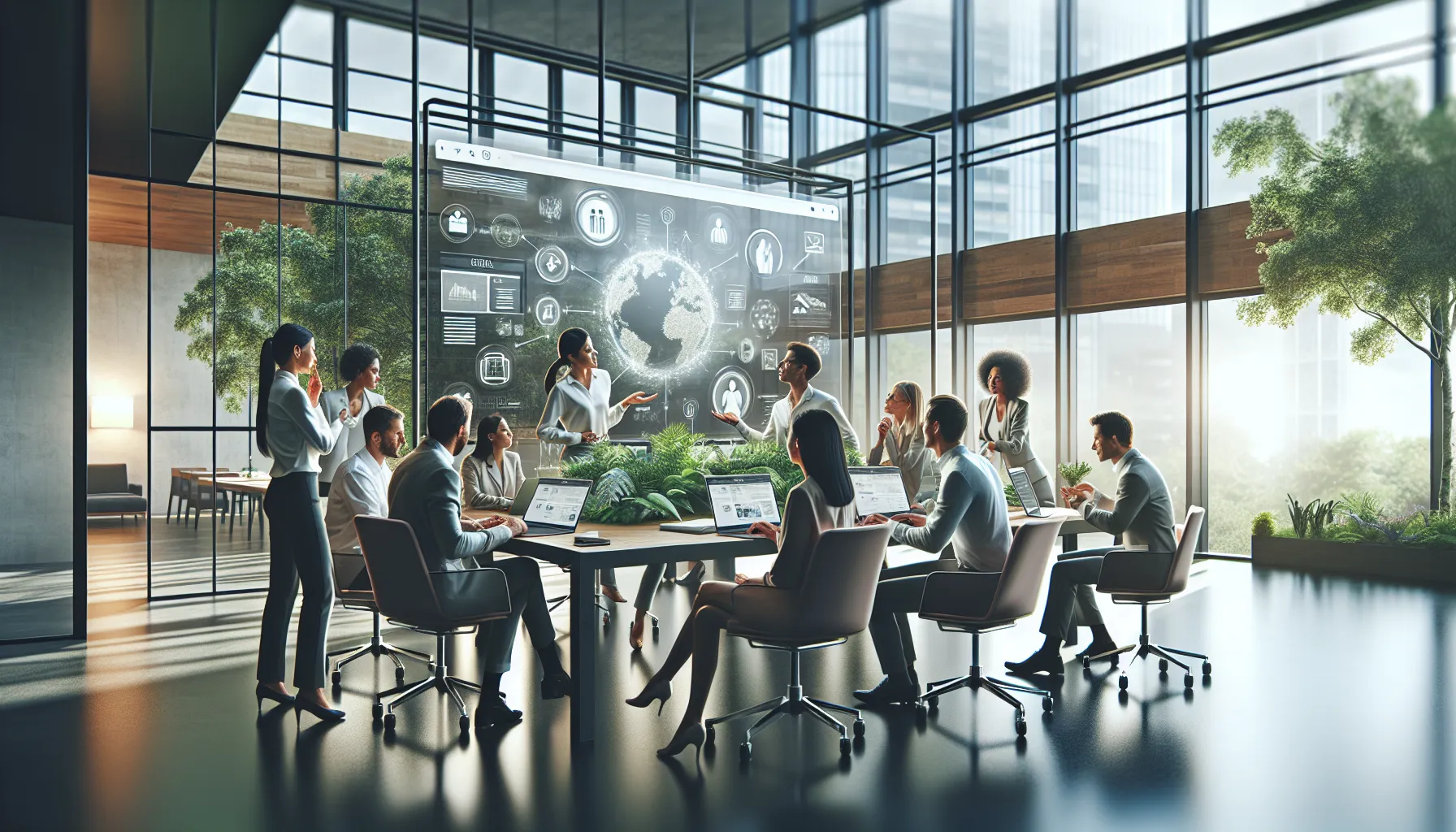 diverse team collaborating in a modern office with laptops and digital resources.